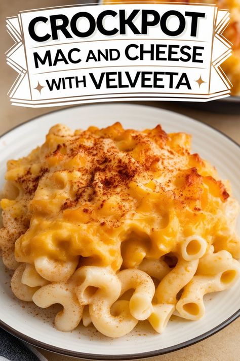 Crockpot mac and cheese with Velveeta, topped with a sprinkle of seasoning on a white plate. Best Crockpot Mac And Cheese Recipe Velveeta, Velvets Crockpot Mac And Cheese, Bobby Flay Mac And Cheese Crockpot, Velvets Mac And Cheese Recipe Crockpot, Crockpot Recipes With Velveeta, Slow Cooker Mac And Cheese Velveeta, Homemade Macaroni And Cheese Crockpot, Crockpot Macaroni And Cheese Velveeta, Mac And Cheese With Velveeta Block