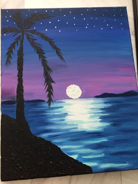 Night Beach Painting, Palm Tree Painting Acrylic, Palm Tree Painting, Palm Trees Painting, Beach Painting, Diy Art Painting, Tree Painting, Art Class, Palm Tree