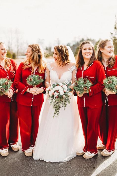 Christmas Wedding Bridesmaids Pajamas, Christmas Wedding Pajamas, Pajama Wedding Theme, Christmas Wedding Getting Ready Outfits, Winter Wedding Pajamas, Christmas Themed Bridesmaid Proposal, Christmas Bridesmaid Proposal, Wedding Ideas December, Simple Winter Wedding