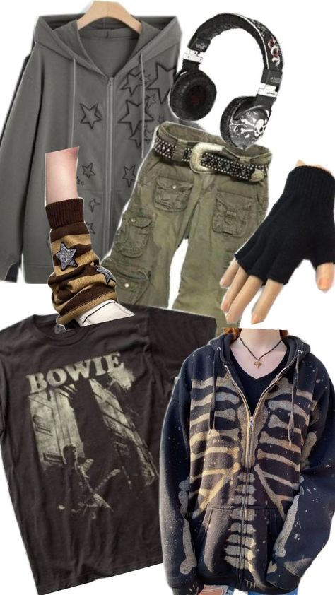 cool shirt, jackets and hand and arm warmers( fingerless gloves) and even a cool set of headphones Earth Tone Clothes Aesthetic, Apocalypse Aesthetic Clothes, Earth Tone Clothes, Witchy Grunge, Apocalypse Aesthetic, Midwest Emo, Collage Inspiration, Clothes Aesthetic, Future Me