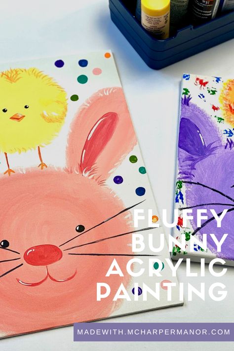 Your kiddo can create their own fluffy bunny painting! We'll show them how to create this fun painting step by step. We'll be sharing our tips and tricks to create "fluffy" edges in paintings for animals, etc. Check out our video tutorial for instructions! Easter Painting For Kids, Bunny Acrylic Painting, Chick Painting, Kids Painting Projects, Easter Canvas, Painting Fur, Easter Paintings, Friend Canvas, Bunny Painting