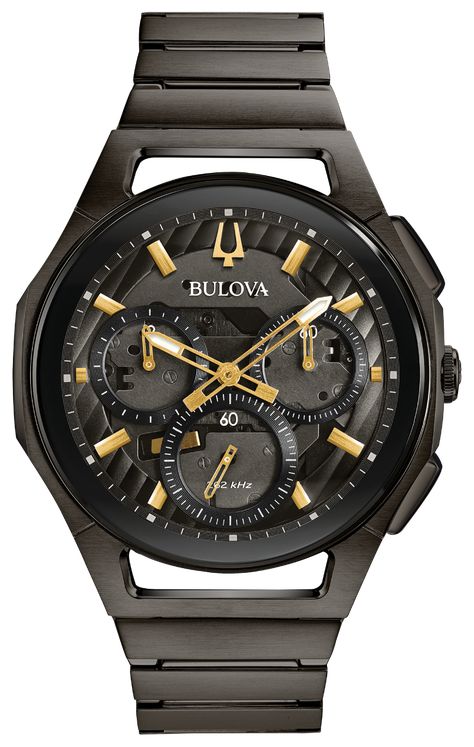 CURV | Bulova | 98A206 Bulova Mens Watches, Bulova Watches, Mens Chronograph, Wedding Watch, Skagen, Gold Hands, Men's Watches, Black Stainless Steel, Steel Watch