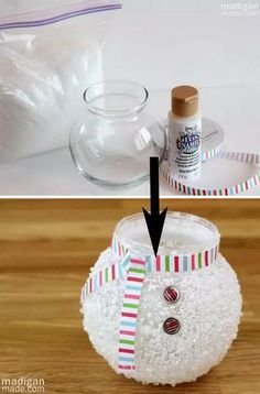 Epsom Salt Snowman Vase With a Fish Bowl. Dollar Store Christmas Crafts, Dollar Tree Christmas Decor, Christmas Crafts To Sell, Dollar Store Christmas, Snowman Ornament, Store Ideas, Snowman Crafts, Epsom Salt, Fish Bowl