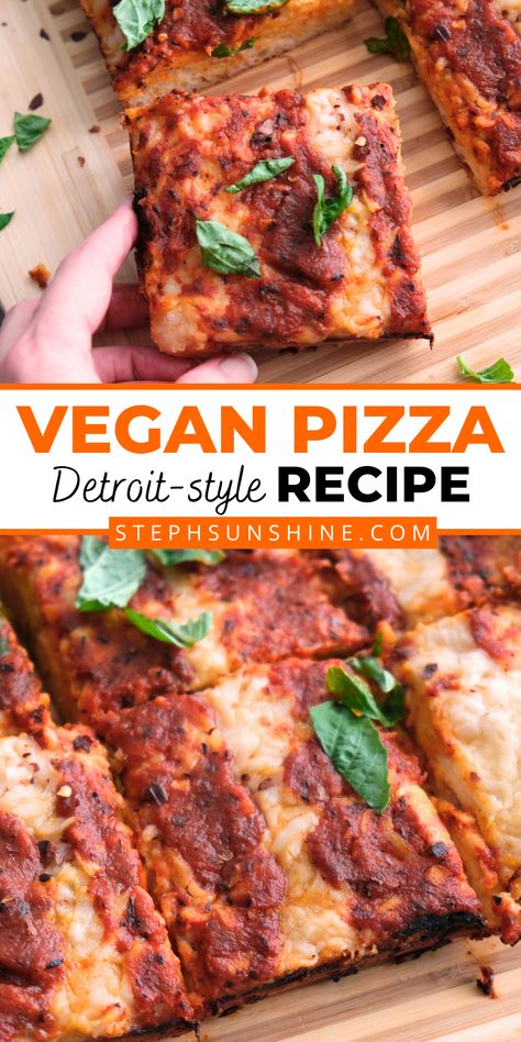 A hand grabbing a piece of vegan pizza from the corner, text says "Vegan Pizza Detroit-Style Recipe." Vegan Detroit Style Pizza, Vegan Junk Food Recipes, Italian Vegan Recipes, Personal Pizza Recipe, Vegan Pizza Sauce, Vegan Calzone, Homemade Vegan Pizza, Mozzarella Recipe, Vegan Turkey