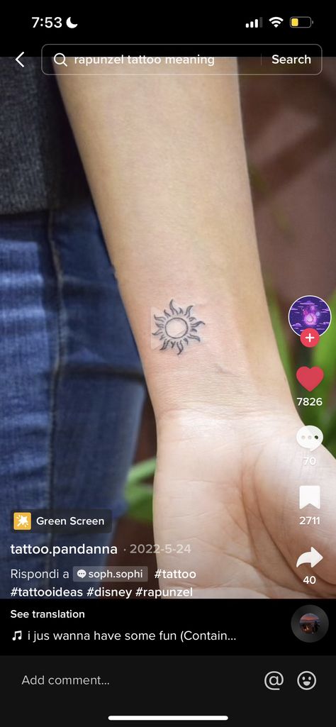 Rapunzel Tattoo Meaning, Tangled Rapunzel Flower Tattoo, Tangled Themed Tattoo, Rapunzel Sun Tattoo, Rapunzel Flower Tattoo, Tangled Flower Tattoo, Rapunzel Tattoo, Tangled Flower, Aesthetic Tattoos