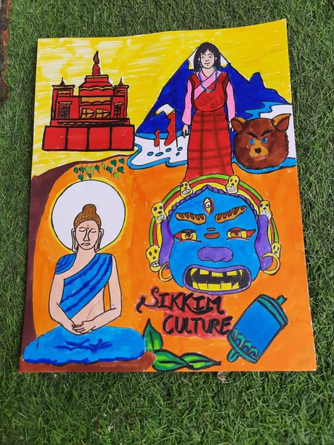 How to make beautiful poster on sikkim culture for school project. Project On Sikkim, Sikkim Project Ideas, Sikkim Culture Art, Sikkim Drawing, Culture Of Sikkim Drawing, Sikkim Culture, Poster Drawing Ideas, Project School, Diy Poster