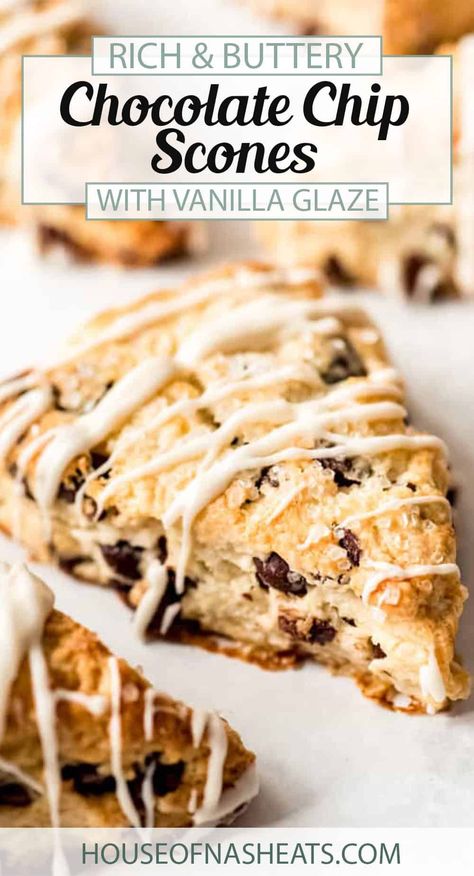 Sweet, but not too sweet, and studded with plenty of chocolate chips, this Chocolate Chip Scones recipe is my a yummy breakfast treat or afternoon pick-me-up snack! Made with pantry staples and ready in just about 30 minutes, be prepared to share the recipe with your friends because everybody will be asking for these buttery Chocolate Chip Scones! #scones #glazed #chocolatechip #chocolate #best #breakfast #brunch #dessert #cream #homemade #sweet #American #homemade #fromscratch Scones Chocolate Chip, Chocolate Chip Scones Recipe, Chocolate Chip Scones, Brunch Dessert, Chocolate Scones, Scones Recipe Easy, Best Chocolate Chip, Scones Recipe, British Baking