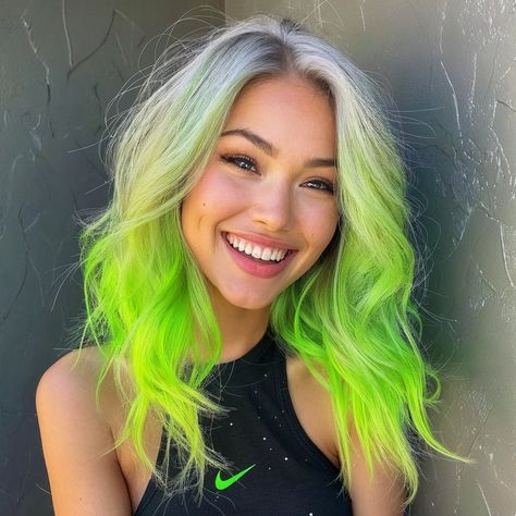 Blonde With Neon Highlights, Lime Green And Blonde Hair, Purple And Mint Hair, Blonde With Colored Money Piece, Emerald Green And Blonde Hair, Blond Green Hair, Gray And Green Hair, Blonde With Green Highlights, Pastel Curly Hair