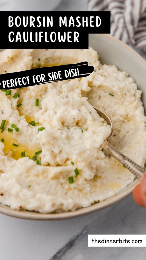 Looking for a side dish to wow your guests or simply treat yourself to something delicious? 🤤 Look no further! This 5-ingredient Boursin Mashed Cauliflower recipe is gluten-free and oh so tasty, guaranteed to make your next meal the star of the show! 🌟 Mashed Potatoes With Cauliflower, Cheese Cauliflower, Mashed Cauliflower Recipe, Traditional Thanksgiving Recipes, Cauliflower Mashed Potatoes, Potato Toppings, Boursin Cheese, Thanksgiving Dinner Recipes, Cauliflower Recipe