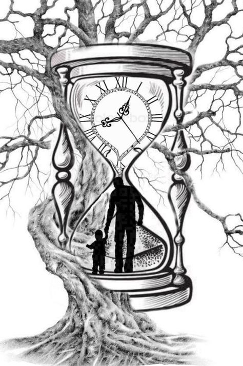 Hourglass Drawing, Heaven Tattoos, Father Tattoos, Hourglass Tattoo, Family Tattoo Designs, Tree Tattoo Designs, Watch Tattoos, Clock Tattoo, Dad Tattoos