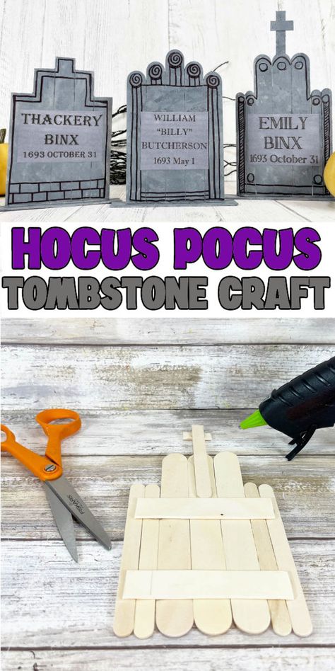 Fun DIY Hocus Pocus craft that looks like the tombstones from the movie! These DIY Dollar Tree ideas are perfect for kids to make for a movie night! Hocus Pocus Tombstone, Hocus Pocus Party Decoration Ideas, Diy Dollar Tree Ideas, Diy Hocus Pocus, Hocus Pocus Party Decoration, Dollar Tree Ideas, Hocus Pocus Halloween Decor, Hocus Pocus Decorations, Hocus Pocus Party