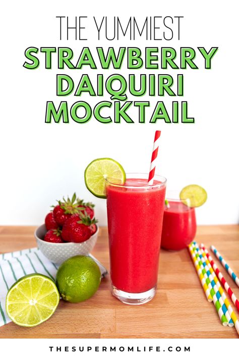 This is a frozen, sweet, and fruity drink that the whole family can enjoy! It's the yummiest non-alcoholic strawberry daiquiri ever. Mock Cocktails, July Cocktails, Frozen Strawberry Daiquiri, New Years Eve Drinks, Drinks Ideas, Creative Cocktails, Strawberry Drinks, Alcohol Free Drinks, Moringa Powder