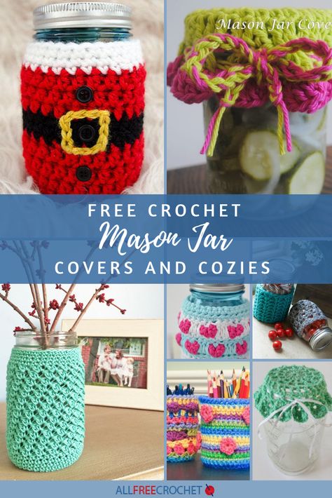 Transform a boring jar lid or the jar itself into jewelry storage, cozy, or make it into a gift container. Crochet Jar Opener, Crochet Jar Covers Free Pattern, Crochet Mason Jar Covers, Crochet Jars, Crochet Mason Jar, Mason Jar Covers, Jar Lid Cover, Jar Magic, Crochet Cozies