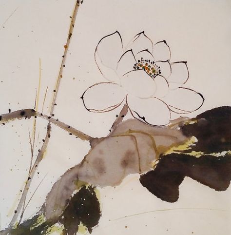 Ink Painting Techniques, Japanese Ink Painting, Japanese Watercolor, Chinese Art Painting, Lotus Art, Coffee Painting, Asian Painting, Japanese Illustration, Paintings Prints