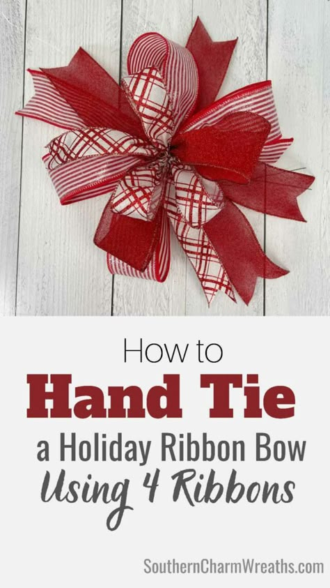 Diy Wire Ribbon Bows, Flat Ribbon Bow, How To Make A Bow With Three Different Ribbons, Stacked Ribbon Bows, Different Ribbon Bows, How To Make A Bow Tutorial, How Much Ribbon To Make A Bow, Door Hanger Bow Diy How To Make, Ribbons For Wreaths How To Make