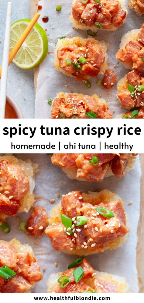 Spicy Tuna Crispy Rice, Rice Bites, Tuna Crispy Rice, Tuna Appetizer, Ahi Tuna Recipe, Blondie Recipes, Raw Tuna, Tuna Sushi, Crispy Tacos