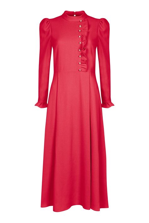 Beulah London, Crimson Dress, Louise Roe, Wool Crepe, Blouse Sale, Coral Dress, Straight Skirt, Long Sleeve Midi, Midi Length Dress