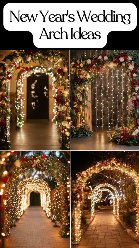 Romantic New Year's Eve wedding arch decorated with lights and flowers for a festive celebration backdrop. Winter Wedding Alter Ceremony Backdrop, New Years Eve Wedding Aesthetic, New Year Wedding Ideas, New Year’s Eve Wedding Ideas, New Years Wedding Ideas, Christmas Wedding Arch, Venue Plans, Elegant Wedding Backdrop, Winter Wedding Arch