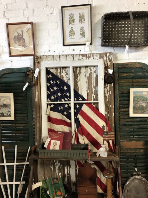 Old Farm Windows Decor, Old Window Photo Display, Flag Window Pane, Old Window With Flag, Antique Booth Vingette, Rustic Flags, Antique Windows, American Independence, Antique Booth