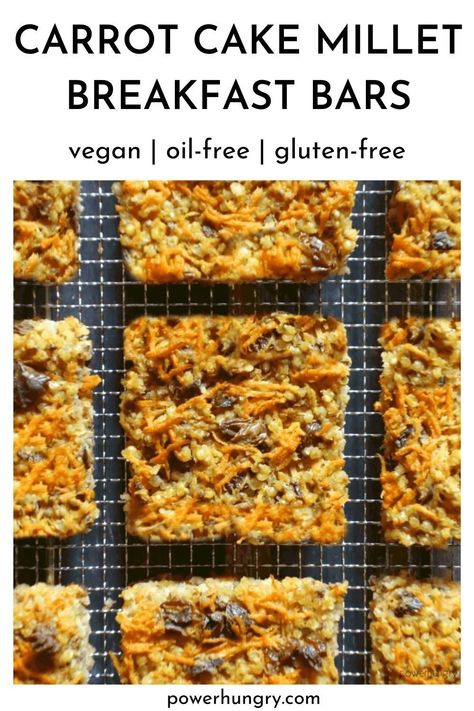 carrot cake bars on a silver cooling rack Millet Breakfast, Carrot Cake Bars, Millet Recipes, Vegan Carrot Cakes, Ninja Recipes, Healthy Breakfasts, Oil Free Vegan, Healthy Lunches, Breakfast Bars