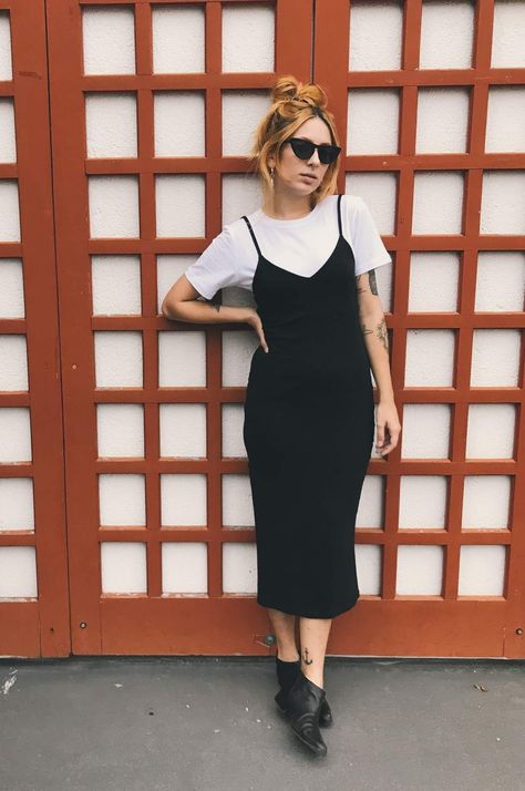 Spaghetti Strap With Shirt Under, Dress Over Long Sleeve Shirt, Spaghetti Strap Dress With Shirt Under, Tshirt Under Dress, Strap Dress With Shirt Under, T Shirt Under Dress, Amber Outfit, Black One Piece Dress, Cami Dress Outfit