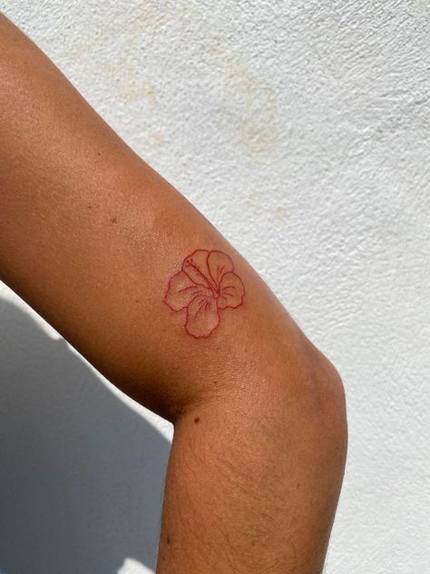 Flower Tattoos Red Ink, Hibiscus Stick And Poke, Hibiscus Flower Tattoo Fine Line, Hibiscus Color Tattoo, Red Ink Hibiscus Tattoo, Hibiscus Tattoo Red, Small Red Flower Tattoo, Back Of Neck Flower Tattoo, Hibiscus Syriacus Tattoo