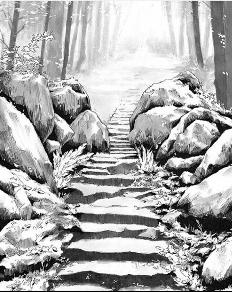 Djamila Knopf, Path Drawing, Waterfall Drawing, Pencil Sketches Landscape, Ink Drawing Techniques, Landscape Pencil Drawings, Drawing Scenery, Forest Drawing, Pen Art Drawings