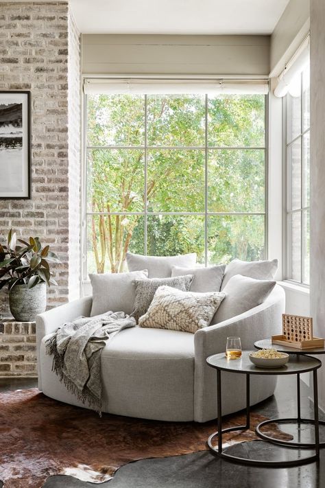 Best Fall Home Trends 2021 From Joss & Main Media Lounger, White Cowhide Rug, Round Sofa, Cozy Living Rooms, Occasional Chairs, Cozy Living, Family Room, Living Room Furniture, Chloe