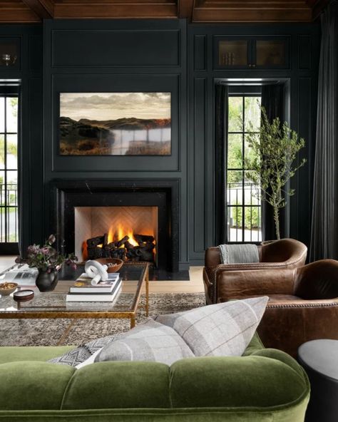 Water's Edge - Studio McGee Dark Accent Wall Living Room, Dark Moody Living Room, Moody Living Room Ideas, Cozy Living Room Inspiration, Dark And Cozy, Modern Organic Bedroom, Black Accent Wall, Dramatic Bedroom, Fireplace Black