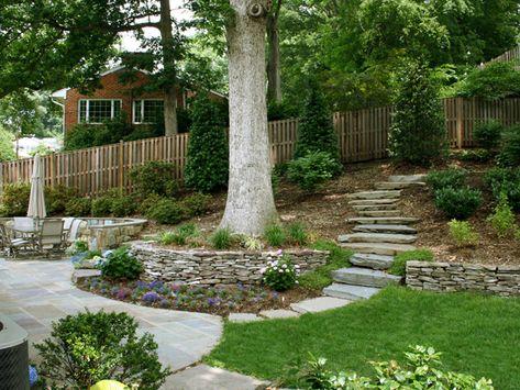 Backyards With Hills Sloped Yard, Uphill Backyard Ideas, Slopped Landscape Ideas, Hilly Backyard Ideas, Retaining Wall With Steps, Natural Walkway, Tiered Backyard, Yard Steps, Sloping Backyard