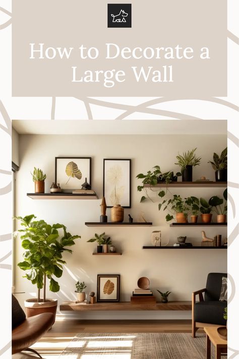 Get insights into creating a textured wall with wall hangings or tapestries. This pin provides suggestions for using fabric wall hangings, macramé pieces, or large tapestries to add warmth and texture to a large wall, offering a cozy and inviting ambiance to the space. Shelving Above Sofas, Large Wall Of Shelves, How To Style A Large Wall Living Rooms, Decorate Large Wall Behind Couch, Living Room Wall Plant Decor Ideas, Large Wall Decoration Ideas, How To Decorate A Huge Wall, Huge Blank Wall Ideas, Large Wall Shelves Living Room