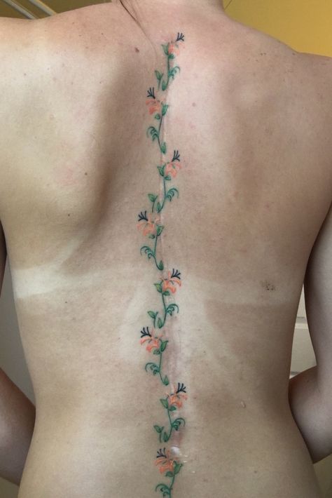 Floral Spine Tattoo, Honeysuckle Flowers, Tattoo Ideas Inspiration, Spinal Tattoo, Tattoo Over Scar, Flower Spine Tattoos, Spine Tattoo Ideas, Scar Cover Up, Tattoos To Cover Scars