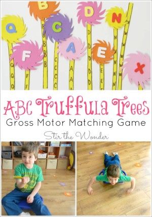 Celebrate Dr. Seuss' birthday and Read Across America Day with this ABC Truffula Trees Gross Motor Matching Game inspired by The Lorax! It's a great way for toddlers and preschoolers to get the wiggles out while practicing letter recognition! Lorax Activities, Dr Seuss Preschool Activities, Dr Seuss Preschool, Birthday Board Classroom, Truffula Trees, Dr Seuss Activities, Seuss Classroom, Seuss Crafts, Dr Seuss Week