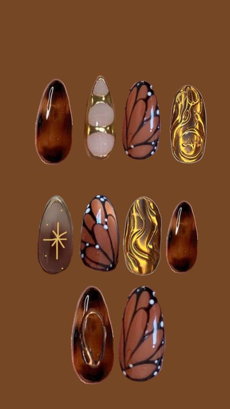 Cut outs of nails with tortoise shell print, butterfly wing, and gold designs Nails For Fall Autumn, Brown And Gold Nails, Autumn Butterfly, Nails For Fall, Brown Nail Art, Butterfly Nail Designs, Brown Nails Design, Fake Nails Designs, Butterfly Nails