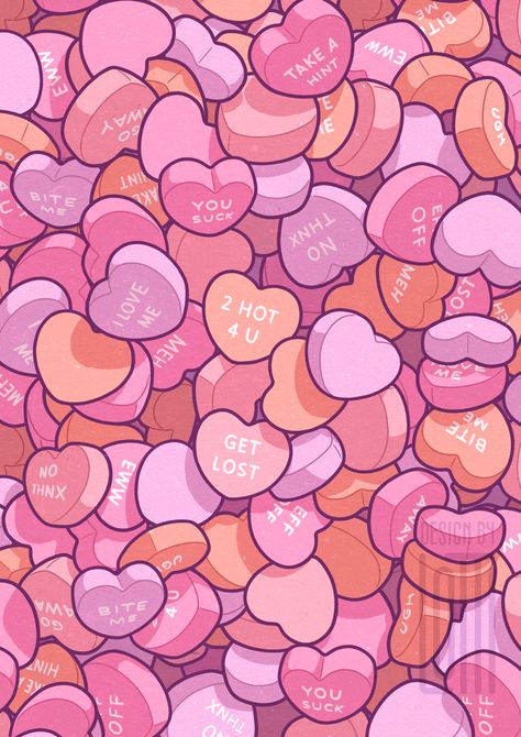 Day Wallpaper Aesthetic, Valentine Wallpapers, Candy Background, Candy Drawing, Sweetheart Candy, Valentines Wallpaper Iphone, Pink Drawing, Valentine Candy Hearts, Candy Poster