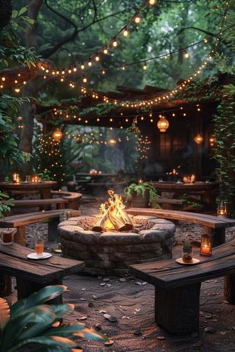 Backyard Fantasy Ideas, Backyard Campground Ideas, Dream Outdoor Space, Outdoor Fire Pit Patio Ideas, Pool With Lights, Enchanted Backyard, Backyard Porch Ideas, Backyard Living Spaces, Cozy Backyard Ideas