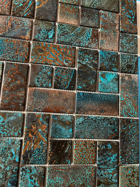 Teal Glass Tile Bathroom, Copper And Teal Kitchen, Copper Fireplace Surround, Bronze Backsplash Kitchen, Turquoise Backsplash Kitchen, Teal Backsplash Kitchen, Copper Countertops Kitchen, Bar Feature Wall, Blue Kitchen Tile Backsplash