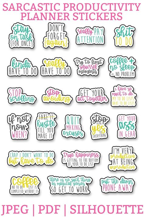 Free Sarcastic productivity planner stickers. Download this set of funny, sarcastic stickers, to help you complete your to do list. Perfect for the Happy Planner, Erin Condren, Reflections, etc. #planneraddict #plannerlover #plannerprintables Motivational Stickers Free Printable, Sarcastic Motivation, Printable Stickers For Journal, Planner Sticker Ideas, Planner Quotes Funny, Sarcastic Stickers, Stickers School, Diy Organizer, To Do Planner