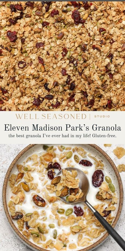 Eleven Madison Park’s Granola Recipe Carnival Cruise Granola Recipe, Eleven Madison Park Granola, Peach Granola, Pistachio Granola, Grain Free Granola Recipe, Savory Granola, Best Granola, Cranberry Pistachio, Crunchy Granola