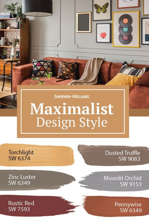 If big, bold, beautiful color is your jam, check out this Maximalist paint color palette from Sherwin-Williams. Pair these hues with busy prints and contrasting patterns to your heart's content. Tap this pin for more on this design trend. #sherwinwilliams #maximalist #style #paintstyle #paintinspiration #diy Fall Paint Colors Sherwin Williams, Sherwin Williams Fall Colors, Boho Paint Schemes, Boho Bedroom Paint Colors Sherwin Williams, Bold Home Color Palette, Boho Orange Paint Color, Bold Boho Color Palette, French Country Whole House Paint Scheme, Bold House Colors Interiors