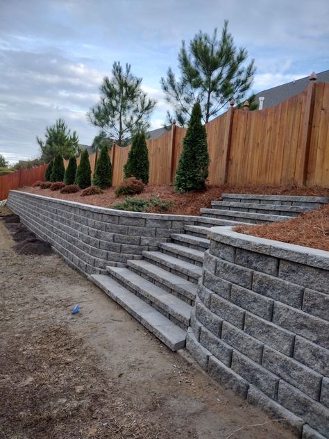 Retaining Walls With Stairs, Retaining Wall With Stairs Ideas, Exterior Retaining Wall Ideas, Retaining Wall Steps Sloped Backyard, Retaining Wall Garden Sloped Backyard, Stairs In Retaining Wall, Slope Backyard Landscaping Ideas, Paver Steps On Slope, Front Steps Retaining Wall