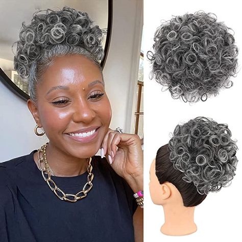 Amazon.com : Oseti Curly Grey Hair Buns Messy Bun Hair Piece Clip in Synthetic Hair Pieces for Women Salt and Pepper Bun Hair Extensions Large Curly Drawstring Ponytail Clip on Bun Ponytails for Women (T1B/GREY#) : Beauty & Personal Care Salt And Pepper Wigs For Black Women, Curly Messy Buns, Halo Braid Natural Hair, High Bun Hairstyle, Thanksgiving Hairstyles, Curly Drawstring Ponytail, Hair Pieces For Women, Messy Hair Bun, Messy Curly Bun