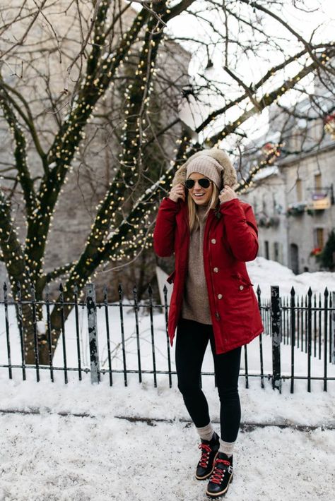 Outfits With Red Jacket Winter, Georgia Winter Outfits, Georgia Outfits Winter, Red Winter Jacket Outfit, Red Jacket Outfit Winter, Red Parka Outfit, Layers Styled, Red Winter Jacket, Red Jacket Outfit