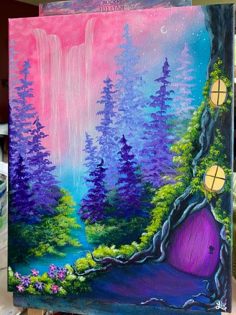 Simple Fantasy Art Ideas, Fairy House Painting Canvas, Fantasy Landscape Acrylic Painting, Fantasy Painting Ideas On Canvas, Abundance Painting, Fairy Tree Painting, Fairycore Painting Ideas, Magical Landscape Painting, Canvas Painting Ideas Forest