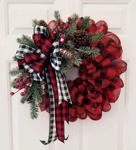 Different Wreath Ideas, Christmas Deco Wreaths, Christmas Wreaths Diy Easy How To Make, Valentine Wreaths For Front Door Diy, Winter Ribbon Wreath, Xmas Wreaths For Front Door, Diy Holiday Wreaths, Easy Outdoor Christmas Decorations, Buffalo Check Christmas Wreath