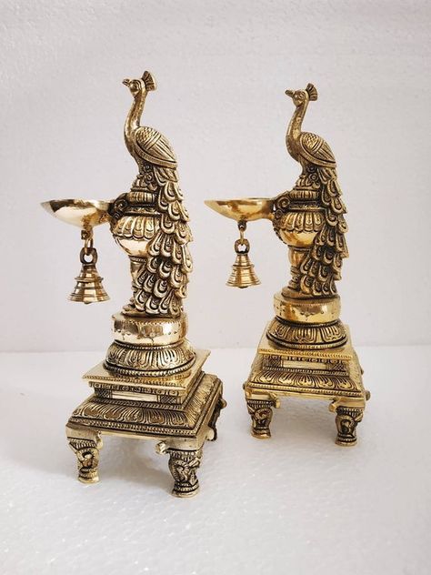 Bird Lamp, Brass Peacock, Vintage Brass Decor, Silver Pooja Items, Brass Items, Ethnic Home Decor, Pooja Room Door Design, Goddess Decor, Pooja Room Design