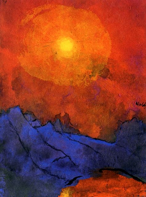 Emile Nolde: Sunset over Blue Mountains, c.1938. Emile Nolde, Andre Derain, Emil Nolde, Danish Art, Dark Sea Green, Raoul Dufy, German Expressionism, Hur Man Målar, Paul Gauguin