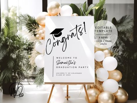 Graduation Party Welcome Sign |  Editable Template | Instant Download | Edit FREE in Canva | Sizes 12x18, 18x24, 24x36 | Modern Black by winstonDESIGNSxo on Etsy Graduation Party University, Canva Sizes, Graduation Party Welcome Sign, Graduation Welcome Sign, Graduation Party Signs, Gold Graduation Party, Black And Gold Balloons, Party Welcome Sign, Graduation Signs