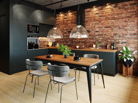 Industrial Loft Kitchen, Loft Style Kitchen, Loft Style Apartment, Kitchen Loft, Серая Кухня, Style Apartment, Brick Interior, Industrial Kitchen Design, Scandinavian Style Home