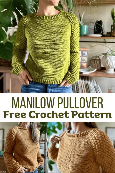 Meet the Manilow Pullover, a super chic free sweater crochet pattern ranging in five sizes: SMALL to 2XL.  Grab your hooks and let's make one! Phoenix Crochet, Crochet Retro, Crochet Jackets, Crochet Pullover Pattern, Winter Crochet, Fall Crochet, 9 September, Crochet Sweater Pattern Free, Winter Top